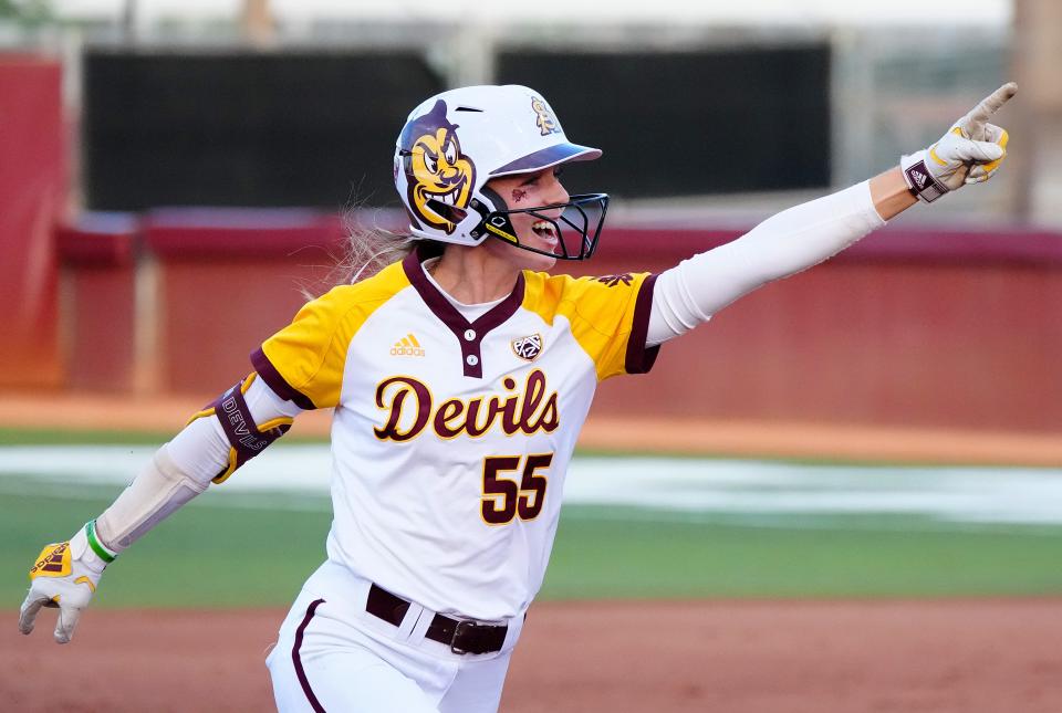 May 27, 2022; Tempe, Arizona; USA; ASU’s Makenna Harper (55) celebrates a home run against Northwestern during a Super Regional Game against Northwestern. Mandatory Credit: Patrick Breen-Arizona Republic