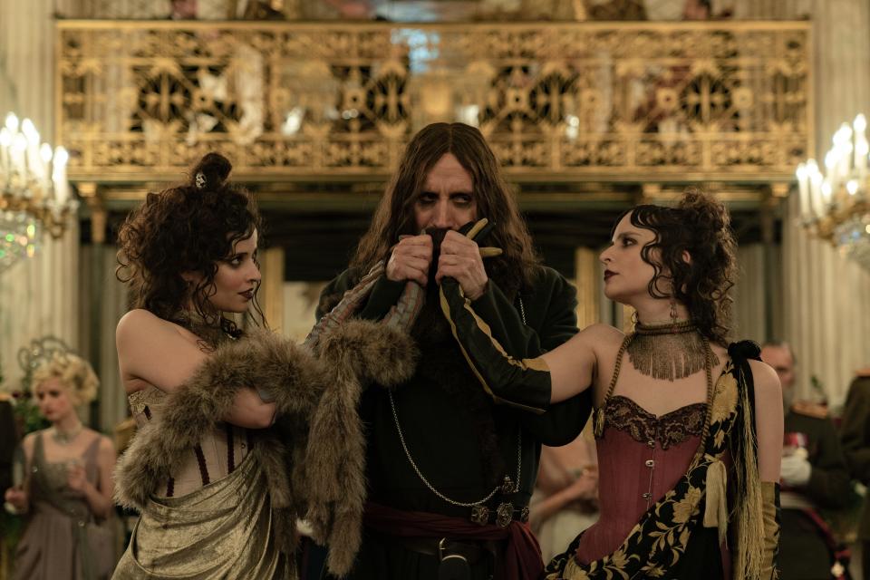 Rhys Ifans (center) plays a fictionalized version of Rasputin in u0022The King's Manu0022 (2021), which is set during World War I.