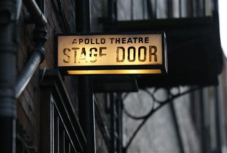 The stage door light is seen at the back of the Apollo theatre on the morning after part of it's ceiling collapsed on spectators as they watched a performance, in central London, December 20, 2013. REUTERS/Suzanne Plunkett