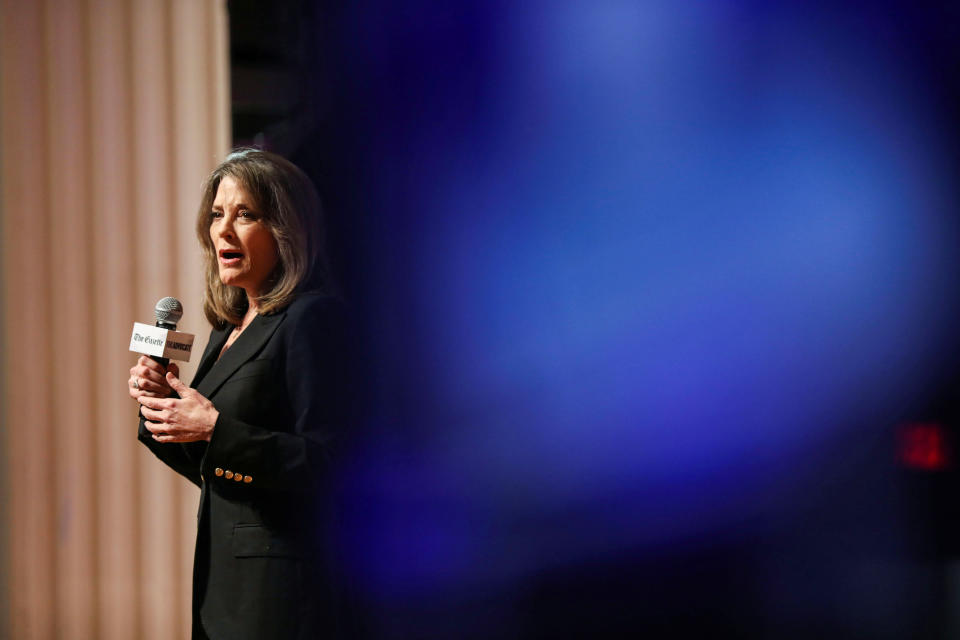 Democratic presidential candidate and author Marianne Williamson speaks at the One Iowa and GLAAD LGBTQ Presidential Forum in Cedar Rapids, Iowa, September 20, 2019. REUTERS/Scott Morgan