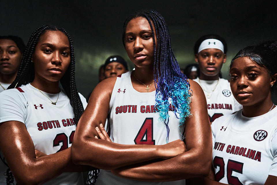 NCAA champ Aliyah Boston (C) for the Under Armour “Protect This House” campaign. - Credit: Courtesy of Under Armour