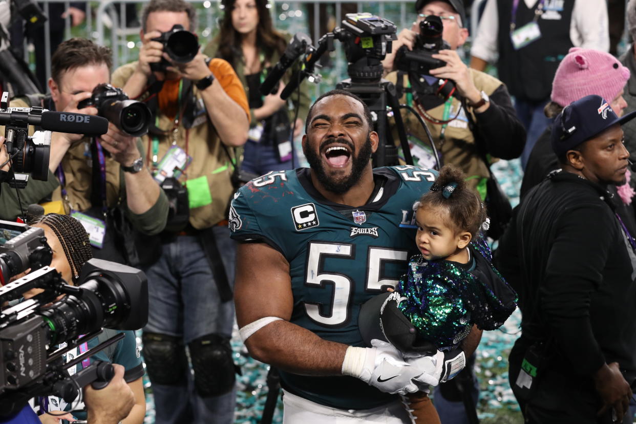 Philadelphia Eagles defensive end Brandon Graham celebrates after defeating the New England Patriots in the NFL Super Bowl 52 football game Sunday, Feb. 4, 2018, in Minneapolis. The Eagles won 41-33. (AP Photo/Tyler Kaufman)