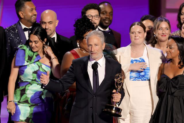 <p>Kevin Winter/Getty</p> Jon Stewart and 'The Daily Show' cast and crew on Sept. 15, 2024