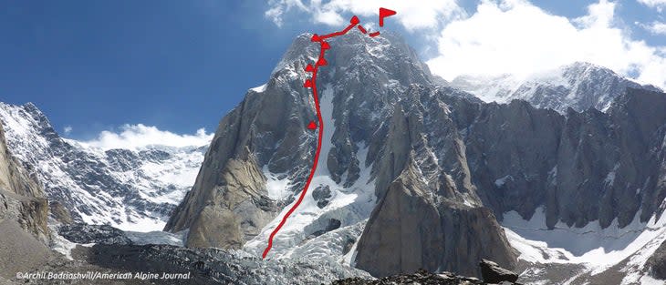 Outline of a new climbing route on the Northwest Face of Saraghrar Northwest, an imposing massif that straddles the Pakistan-Afghanistan border.