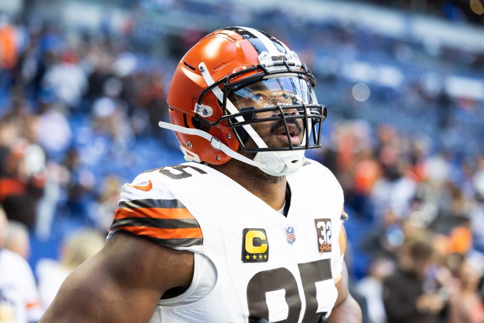 Oct 22, 2023; Indianapolis, Indiana, USA; Cleveland Browns defensive end Myles Garrett (95) looks on during the first quarter against the Indianapolis Colts at Lucas Oil Stadium. Mandatory Credit: Trevor Ruszkowski-USA TODAY Sports