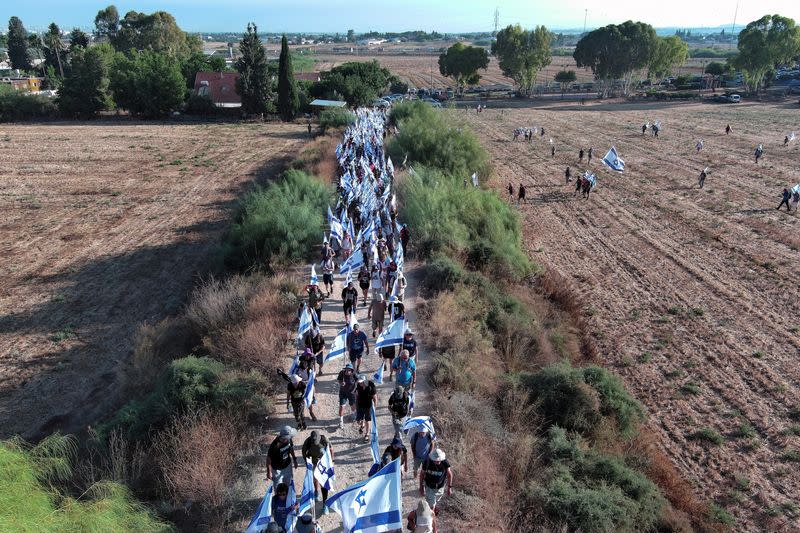 Demonstrators march from Tel Aviv to Jerusalem protesting against the Israeli government's judicial overhaul plans