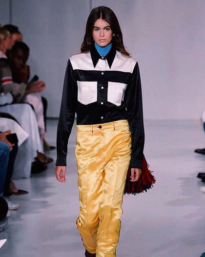<p>She’s smiling inside! Kaia made her long-awaited runway debut at NYFW on Thursday as she strutted her stuff at the Calvin Klein show. “CALVIN KLEIN! there are no words to describe how I feel, I love you endlessly Raf!” the teen wrote, giving a shout-out to the label’s new chief creative officer, Raf Simons. (Photo: <a rel="nofollow noopener" href="https://www.instagram.com/p/BYwtbzZBd8J/?hl=en&taken-by=kaiagerber" target="_blank" data-ylk="slk:Kaia Gerber via Instagram;elm:context_link;itc:0;sec:content-canvas" class="link ">Kaia Gerber via Instagram</a>) </p>