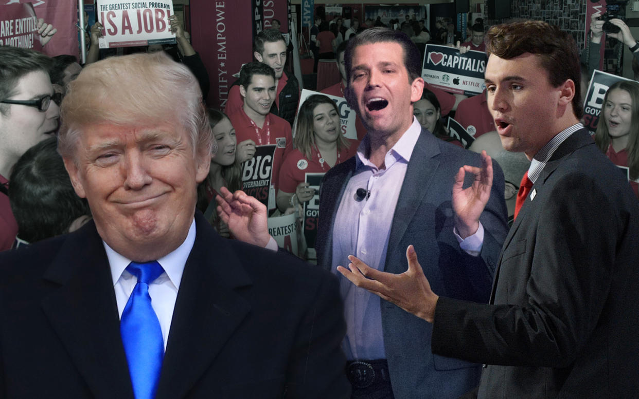 Donald Trump, Donald Trump Jr., and Charlie Kirk. (Yahoo News photo illustration; AP, Damon Higgins/The Palm Beach Post via Zuma Wire, Jeff Swensen/Getty Images, Jeff Malet/NC via Zuma Press)