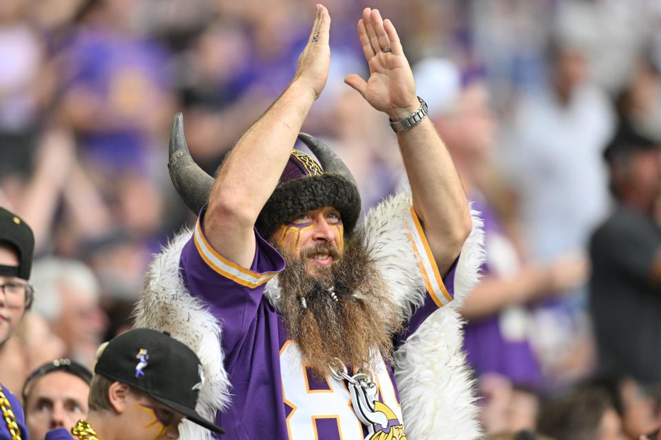 Minnesota Vikings fans chant before a game against the Arizona Cardinals at U.S. Bank Stadium on Aug. 26, 2023, in Minneapolis.