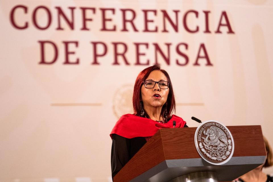 Leticia Ramírez, titular de la SEP, durante la mañanera en la que se conmemoro el Día del Maestro. FOTO: MOISÃ‰S PABLO/CUARTOSCURO.COM