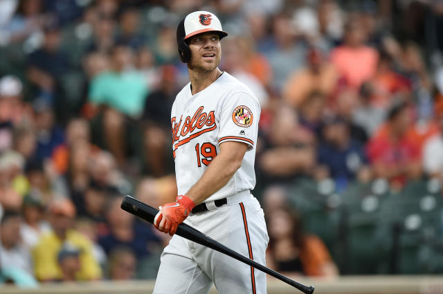 The Baltimore Orioles' Chris Davis gets congratulations from teammate Adam  Jones after Davis' home run in the eighth inning against the New York  Yankees at Oriole Park at Camden Yards in Baltimore