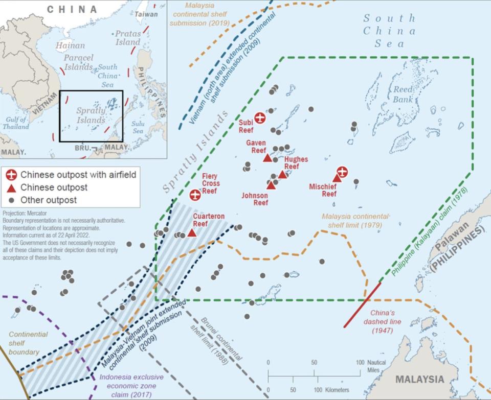 A map of the South China Sea depicting geographical claims made over the Spratly Islands