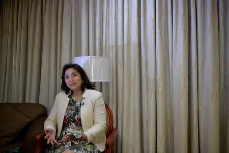 Philippines' Vice President Leni Robredo gestures while speaking during a Reuters interview, at the Quezon City Reception House, Metro Manila, Philippines December 12, 2016. REUTERS/Ezra Acayan