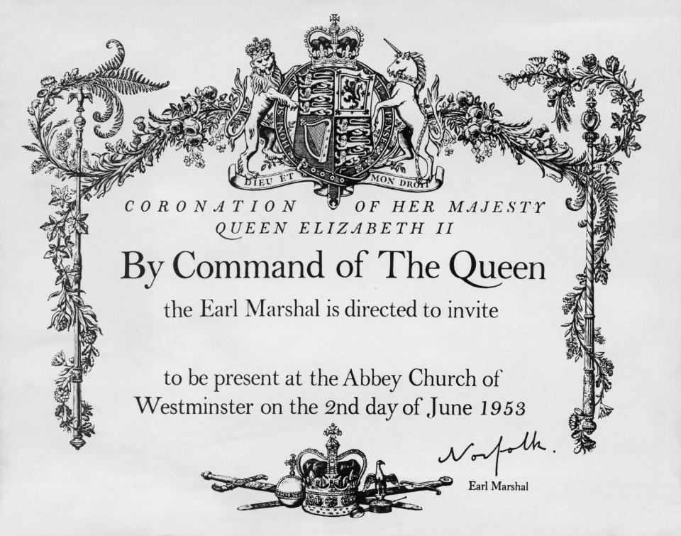 The official invitation card for guests attending the Coronation in Westminster Abbey, 2nd June 1953. Miss Joan Hassal, R.I., illustrator and wood-engraver, designed the card and Mr S.B. Stead, the official Artist and Scribe for the Queen's Stationery Office, is responsible for the lettering. (Photo by Hulton Archive/Getty Images)