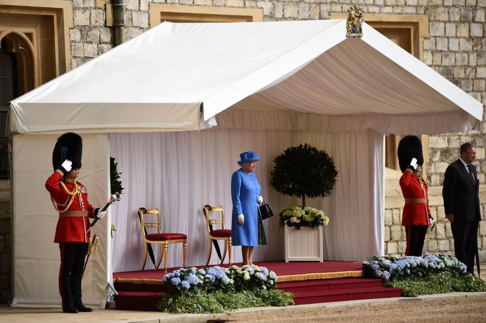 <p>The Queen, waiting for President Trump. She reportedly checked her watch, while she was waiting, implying that the President was running late</p>