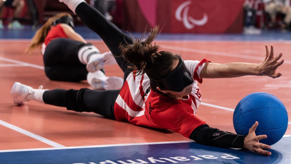 Turkey's Fatma Gül Güler blocks a ball during the goalball women's final match between US and Turkey. - Yasuyoshi Chiba/AFP/Getty Images