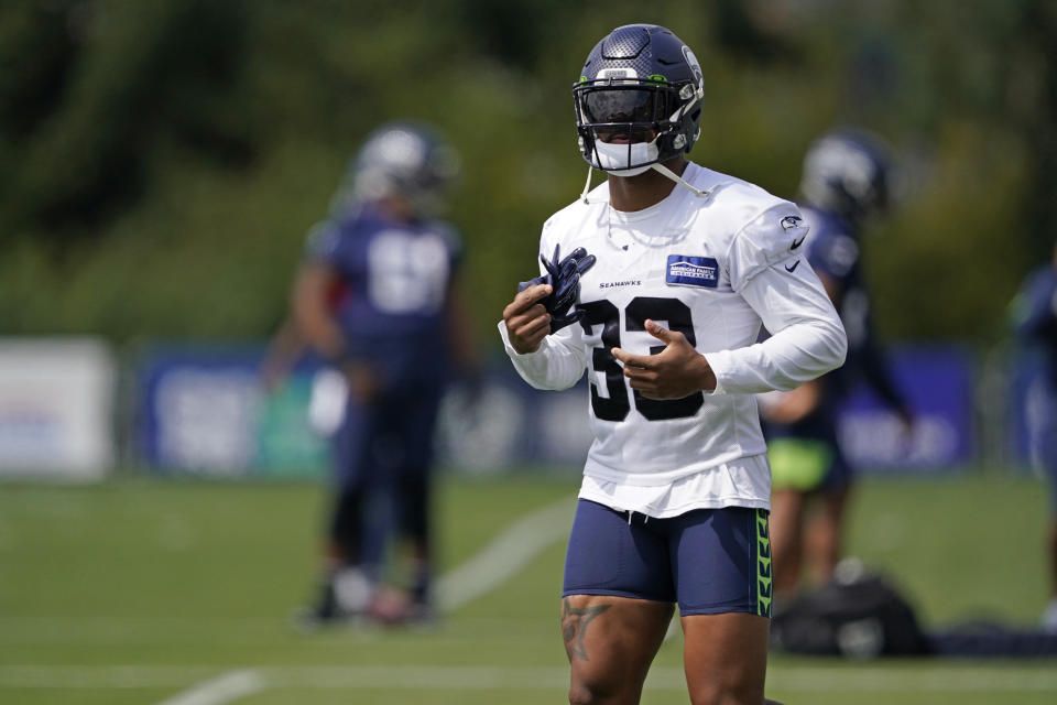 Seattle Seahawks safety Jamal Adams runs during practice drills at NFL football training camp, Wednesday, Aug. 12, 2020, in Renton, Wash. (AP Photo/Ted S. Warren, Pool)