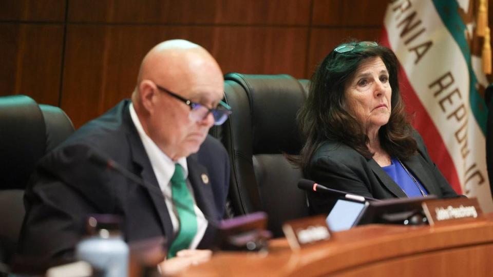 Supervisors John Peschong and Debbie Arnold at the San Luis Obispo County Board of Supervisors meeting on May 21, 2024.