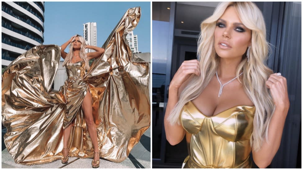 Sophie Monk has debuted a stunning gold look, hallmarked by a strapless gown and matching shoes, for the Logies Awards. Photo: Instagram