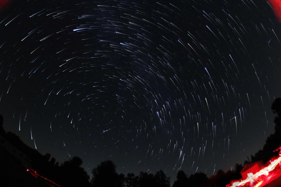 In this long-exposure photo of the night sky, a few oddball star trails don't follow the same circular path around Polaris, the North Star. That's because these are not actually stars but shooting stars, or meteors that fell from space during the Perseid meteor shower, which peaked in mid-August. Astrophotographer Maxim Senin captured this photo from the Los Angeles Astronomical Society dark-sky site in Los Padres National Forest.