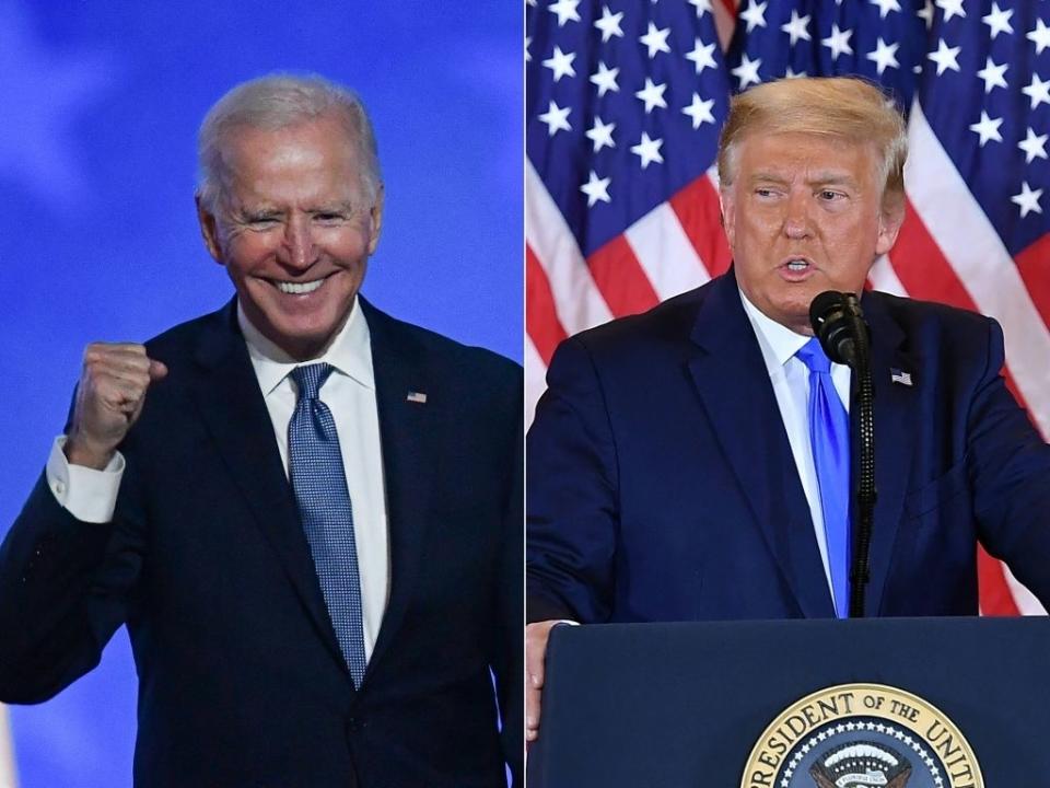 Joe Biden on the left, smiling with a raised fist. Donald Trump on the right, speaking at a podium with U.S. flags in the background