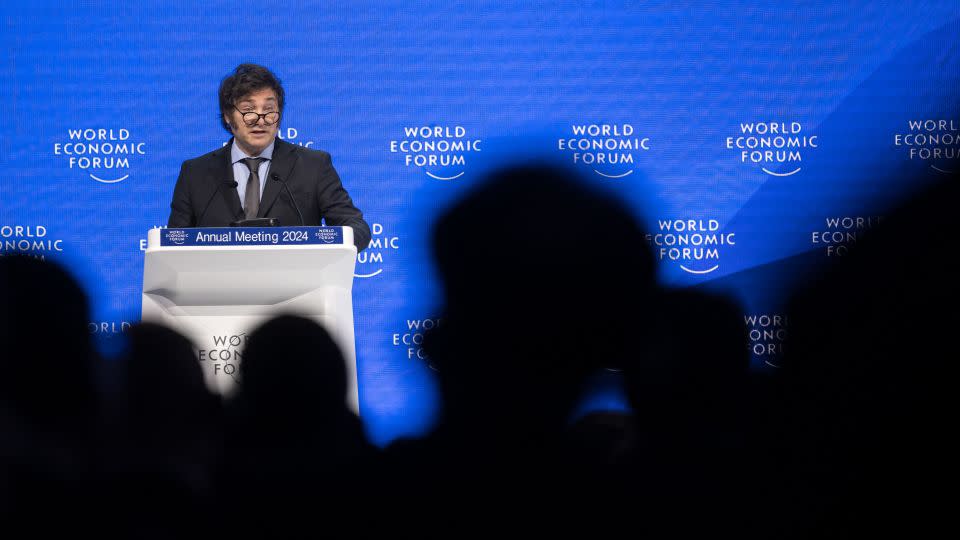 Argentina's President Javier Milei delivers a speech at the World Economic Forum meeting in Davos on January 17, 2024. - Fabrice Coffrini/AFP/Getty Images