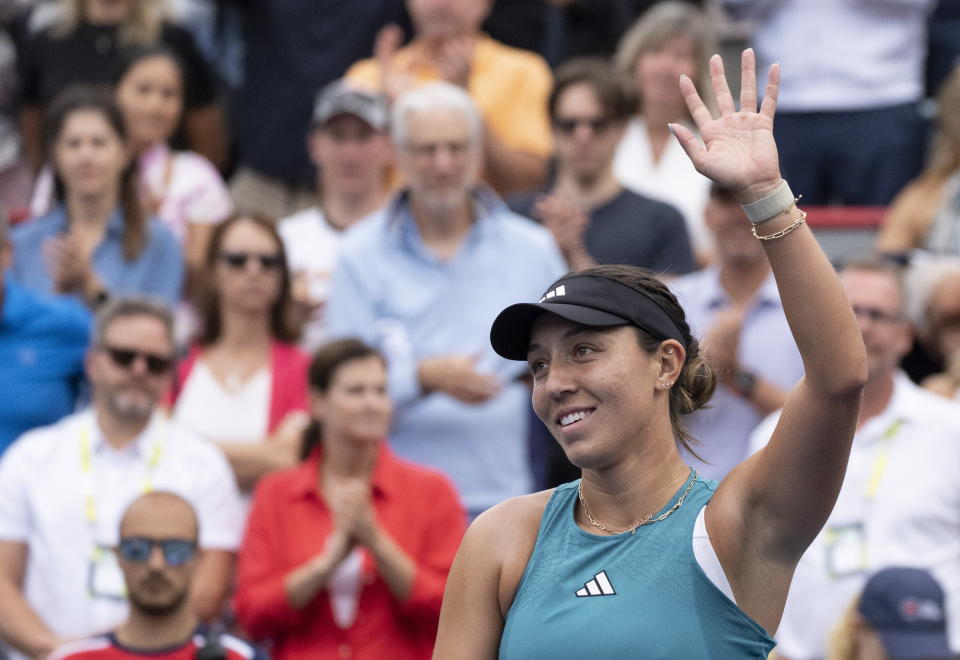 Jessica Pegula, of the United States, celebrates after her win over Liudmila Samsonova, of Russia, in the final of the women's National Bank Open tennis tournament in Montreal, Sunday, Aug. 13, 2023. (Christinne Muschi/The Canadian Press via AP)