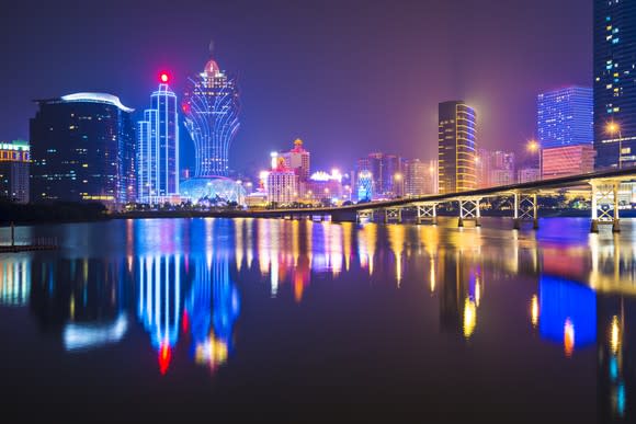 Macau's skyline at night looking over the water.