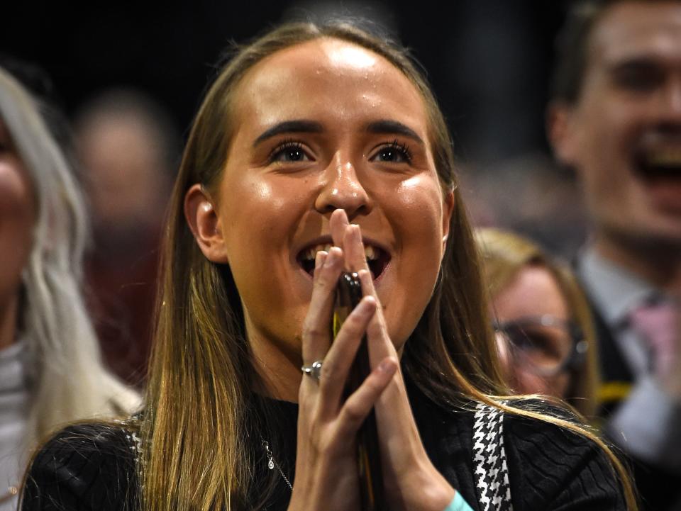 A Scottish National Party (SNP) supporter celebrates a success at the count centre in Glasgow on December 13, 2019 after votes are counted in the UK general election. (Photo by ANDY BUCHANAN / AFP) (Photo by ANDY BUCHANAN/AFP via Getty Images)