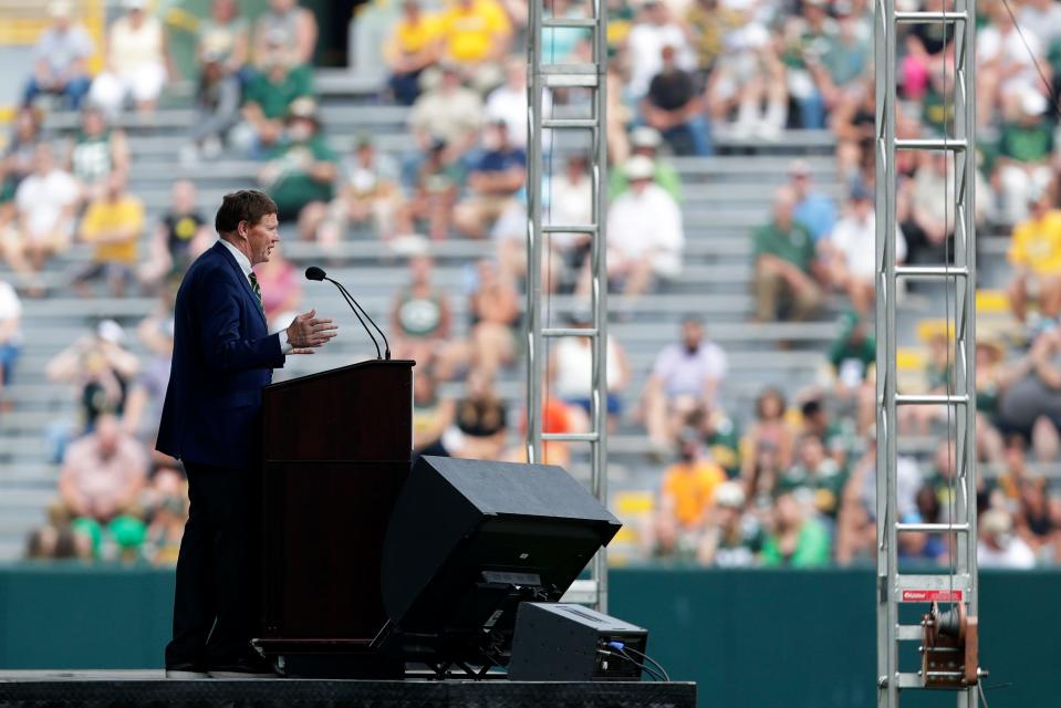 Green Bay Packers president and CEO Mark Murphy addresses about 7,800 shareholders and guests during the annual meeting on Monday in Green Bay.