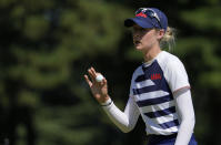 Nelly Korda, of the United States, gestures after making a birdie putt on the 16th green during the second round of the women's golf event at the 2020 Summer Olympics, Thursday, Aug. 5, 2021, at the Kasumigaseki Country Club in Kawagoe, Japan. (AP Photo/Andy Wong)