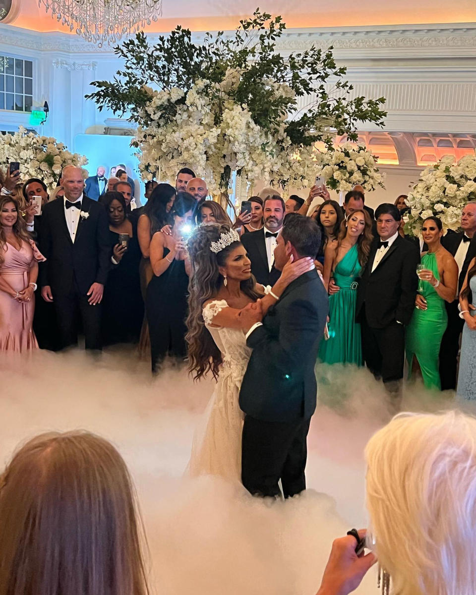 <p>The pair had their first dance to Ruelle's "<a href="https://www.youtube.com/watch?v=3Mdk690jPBg&ab_channel=AlexiasB." rel="nofollow noopener" target="_blank" data-ylk="slk:I Get To Love You;elm:context_link;itc:0;sec:content-canvas" class="link ">I Get To Love You</a>," smoke covering the floor as they twirled around. </p>