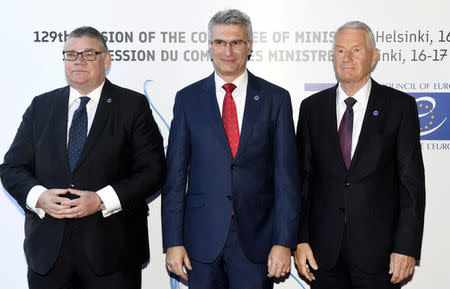 Finland's Minister of Foreign Affairs Timo Soini, Minister for Foreign Affairs and Trade Promotion of Malta Carmelo Abela and Secretary General of the Council of Europe Thorbjorn Jagland attend The Ministers for Foreign Affairs of the Council of Europe's annual meeting in Helsinki, Finland May 17, 2019. Lehtikuva/Vesa Moilanen via REUTERS