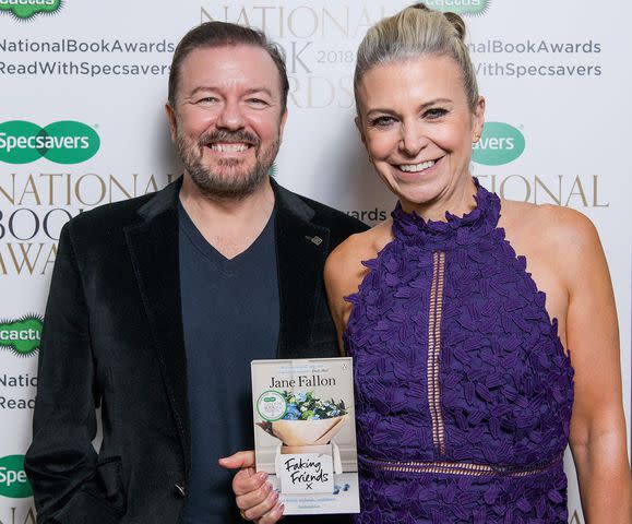 <p>WENN Rights Ltd / Alamy </p> Ricky Gervais and Jane Fallon at The Specsavers National Book Awards in 2018