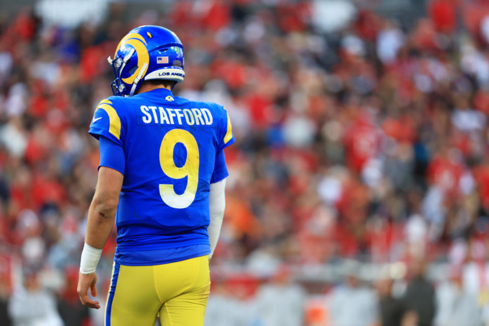 Matthew Stafford led the Los Angeles Rams into the NFC championship game after beating the Tampa Bay Buccaneers in the NFC Divisional Playoff game at Raymond James Stadium. (Photo by Mike Ehrmann/Getty Images)