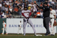 Arizona Diamondbacks' Sergio Alcántara (43) reacts after hitting a two-run double against the San Francisco Giants during the seventh inning of a baseball game in San Francisco, Saturday, Oct. 1, 2022. (AP Photo/Godofredo A. Vásquez)