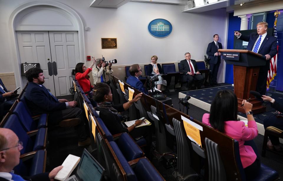 Response coordinator for White House Coronavirus Task Force Deborah Birx sits next to Department of Homeland Security's Under Secretary for Science and Technology William N. Bryan as they listen to US President Donald Trump speak during the daily briefing on the novel coronavirus, which causes COVID-19, in the Brady Briefing Room of the White House on April 23, 2020, in Washington, DC. (Photo by MANDEL NGAN / AFP) (Photo by MANDEL NGAN/AFP via Getty Images)