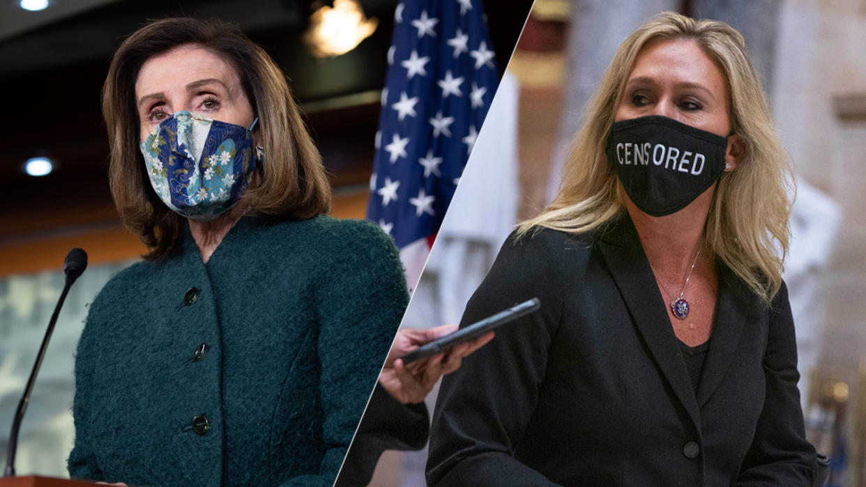 House Speaker Nancy Pelosi and Rep. Marjorie Taylor Greene, D-Ga. (Saul Loeb/AFP via Getty Images, Sarah Silbiger/Bloomberg via Getty Images