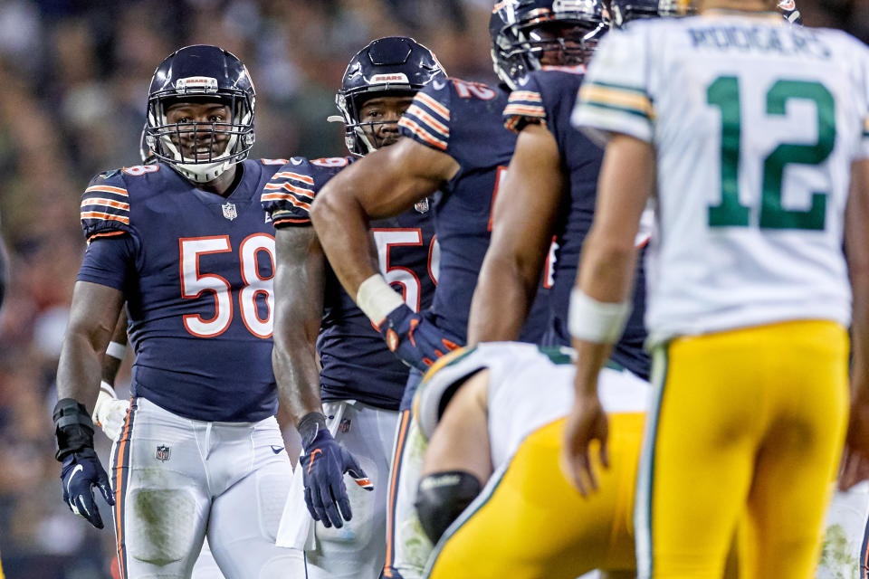 CHICAGO, IL - SEPTEMBER 05: Chicago Bears inside linebacker Roquan Smith (58) looks on in game action during a NFL game between the Green Bay Packers and the Chicago Bears on September 05, 2019 at Soldier Field, in Chicago, IL. (Photo by Robin Alam/Icon Sportswire via Getty Images)