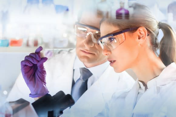 Two people carefully examining a slide for science reasons.