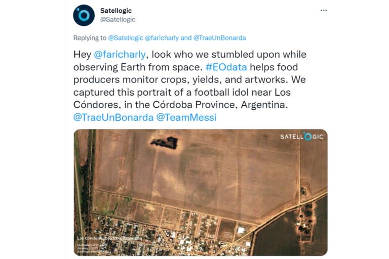 El tuit de la empresa Satellogic en el que compartió las imágenes de Lionel Messi en un lote de maíz desde el espacio