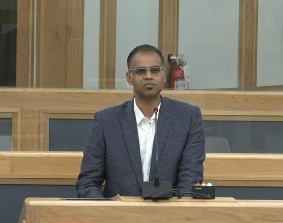 Ramesh Thirumalai speaks to the City of Saskatoon's standing policy committee on environment, utilities and corporate services on Aug. 8, 2023.