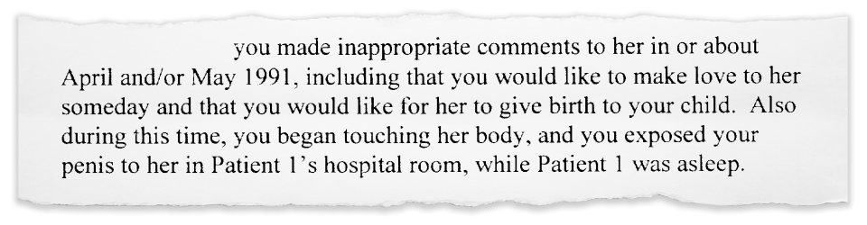 An accusation made by a patient against pediatrician Dr. Gary Gladieux is detailed in a January 1997 letter to the physician from the State Medical Board of Ohio. Gladieux was accused of having sex with some of his patients' parents and the case drew national attention.