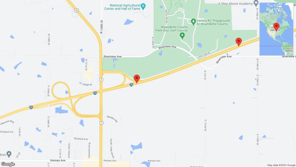 A detailed map that shows the affected road due to 'Heavy rain prompts traffic warning on eastbound I-70 in Bonner Springs' on July 2nd at 7:30 p.m.
