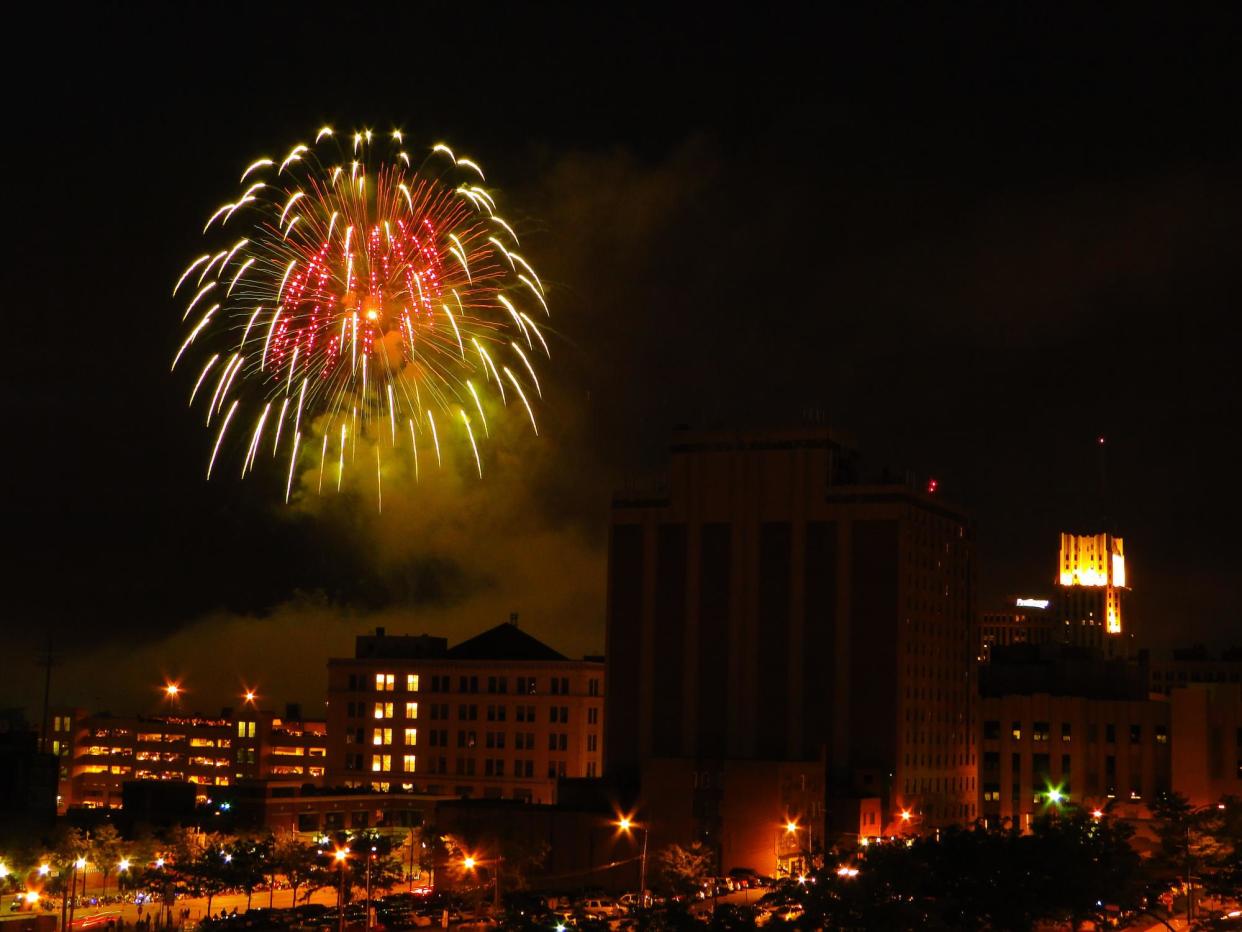 Fourth of July fireworks explode over downtown Akron.