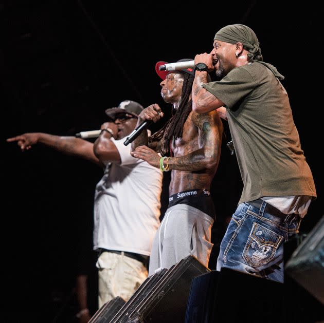 (L-R) Rappers Turk, Lil Wayne and Juvenile perform during the Hot Boys reunion at Lil Weezyana Festival at Champions Square on August 28, 2015, in New Orleans, Louisiana. (Photo by Erika Goldring/Getty Images)