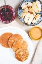 <p>By using oat flour, rice milk, and a ripe banana, you can have a batch of delicious pancakes in minutes.</p><p><strong>Get the recipe at <a rel="nofollow noopener" href="https://thethrivingvegan.com/vegan-banana-pancakes/" target="_blank" data-ylk="slk:The Thriving Vegan;elm:context_link;itc:0;sec:content-canvas" class="link ">The Thriving Vegan</a>.</strong></p>
