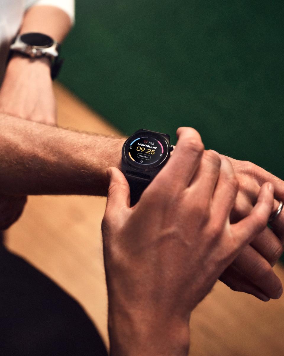 <p>Montblanc Summit Lite. The Summit Lite smartwatch on a person's wrist showing a workout tracking session.</p>
