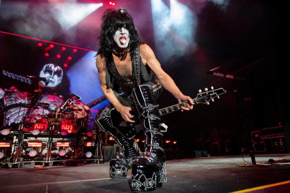 Paul Stanley dangles a guitar pick on the end of his tongue during “Shout It Out Loud” as KISS brings their End of the Road World Tour to Raleigh, N.C.’s Coastal Credit Union Music Park at Walnut Creek, Tuesday night, May 17, 2022.