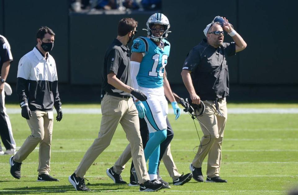 Carolina Panthers wide receiver Keith Kirkwood (18) leaves the field with an injury in the first half against the Chicago Bears Sunday, Oct. 18, 2020.